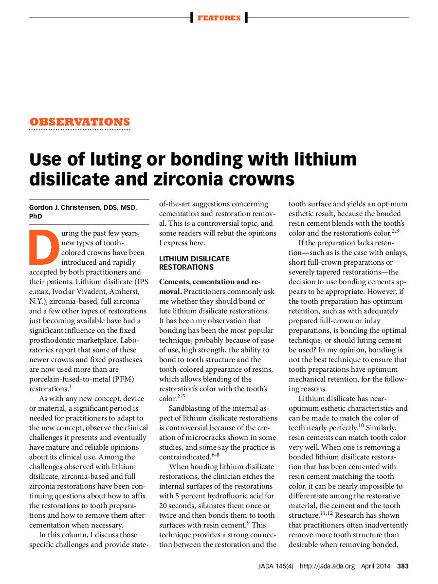 Use of luting or bonding with lithium disilicate and zirconia crowns