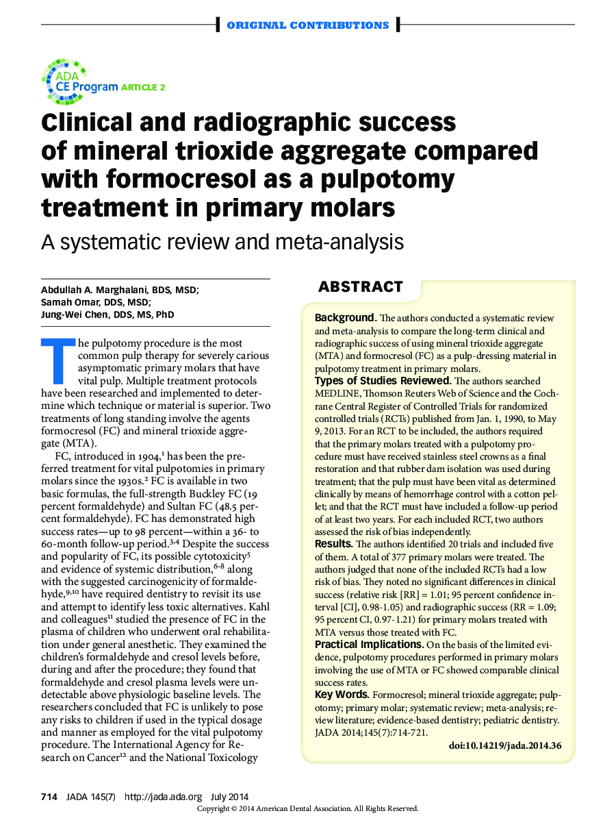 Clinical and radiographic success of mineral trioxide aggregate compared with formocresol as a pulpotomy treatment in primary molars : A systematic review and meta-analysis