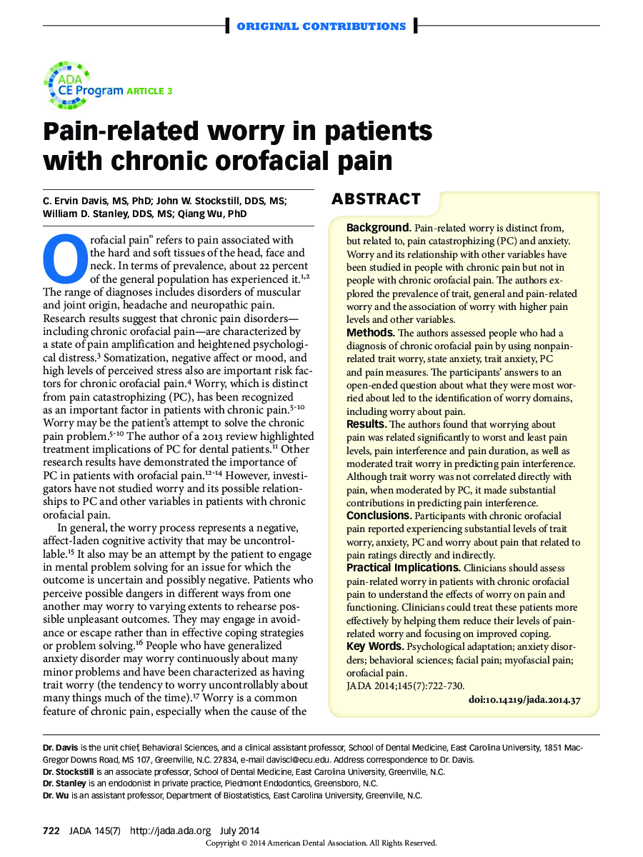 Pain-related worry in patients with chronic orofacial pain 