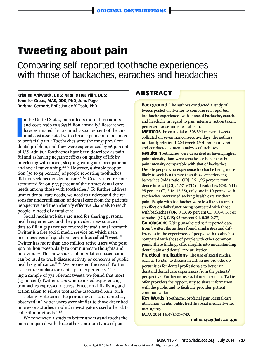 Tweeting about pain : Comparing self-reported toothache experiences with those of backaches, earaches and headaches