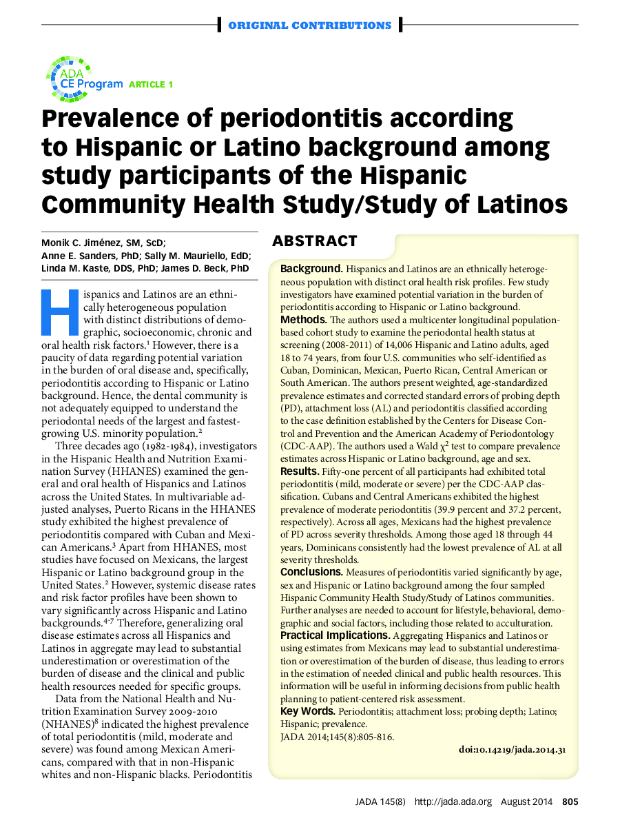 Prevalence of periodontitis according to Hispanic or Latino background among study participants of the Hispanic Community Health Study/Study of Latinos 