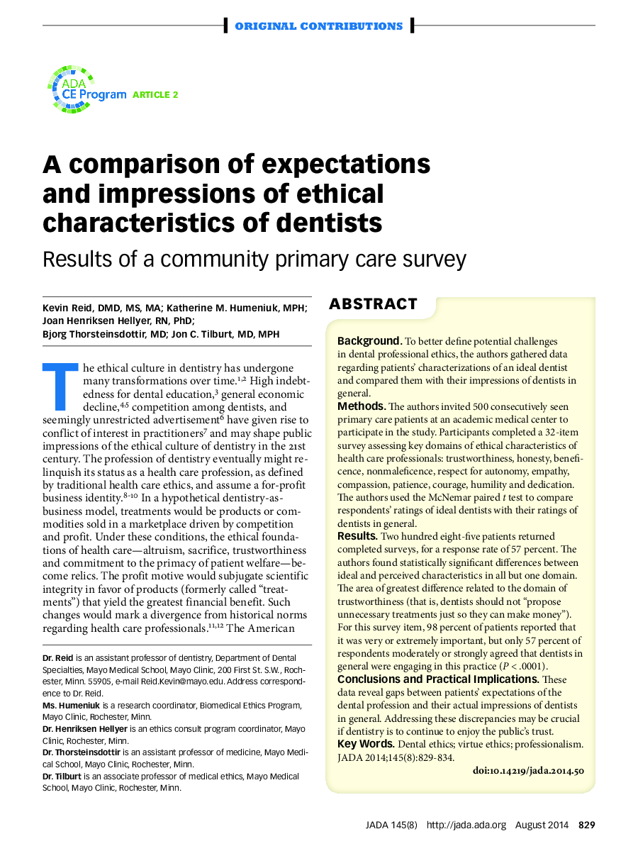 A comparison of expectations and impressions of ethical characteristics of dentists : Results of a community primary care survey