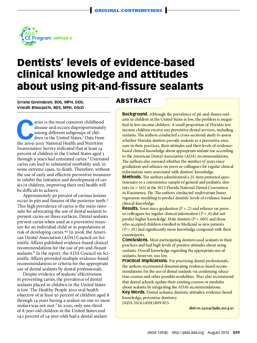 Dentists’ levels of evidence-based clinical knowledge and attitudes about using pit-and-fissure sealants 