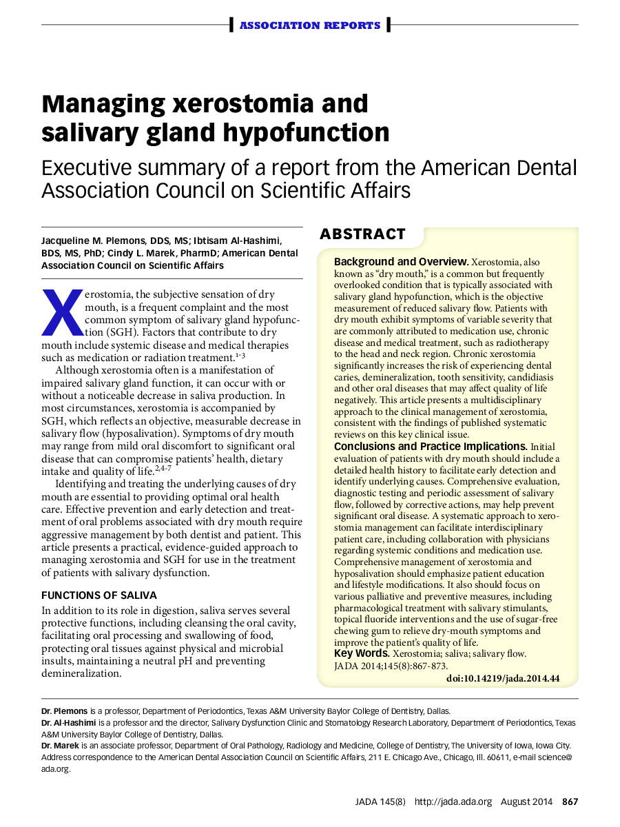 Managing xerostomia and salivary gland hypofunction : Executive summary of a report from the American Dental Association Council on Scientific Affairs