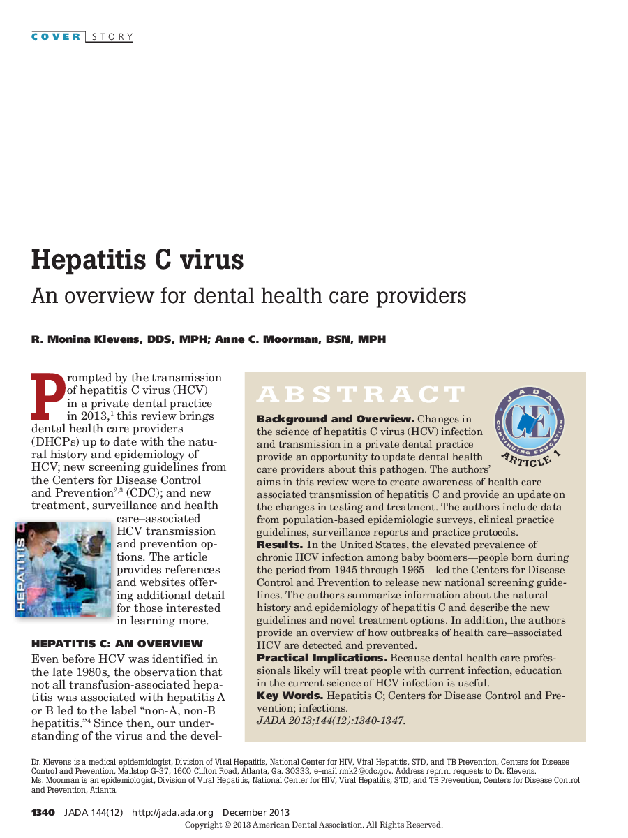 Hepatitis C virus : An overview for dental health care providers