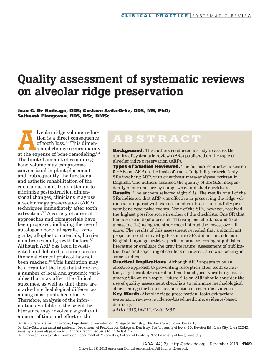 Quality assessment of systematic reviews on alveolar ridge preservation 