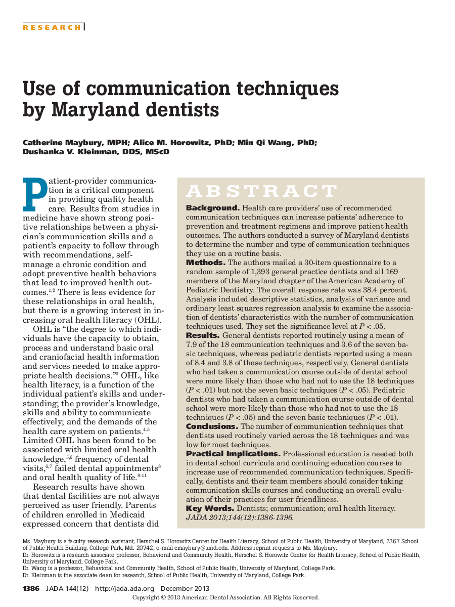 Use of communication techniques by Maryland dentists 