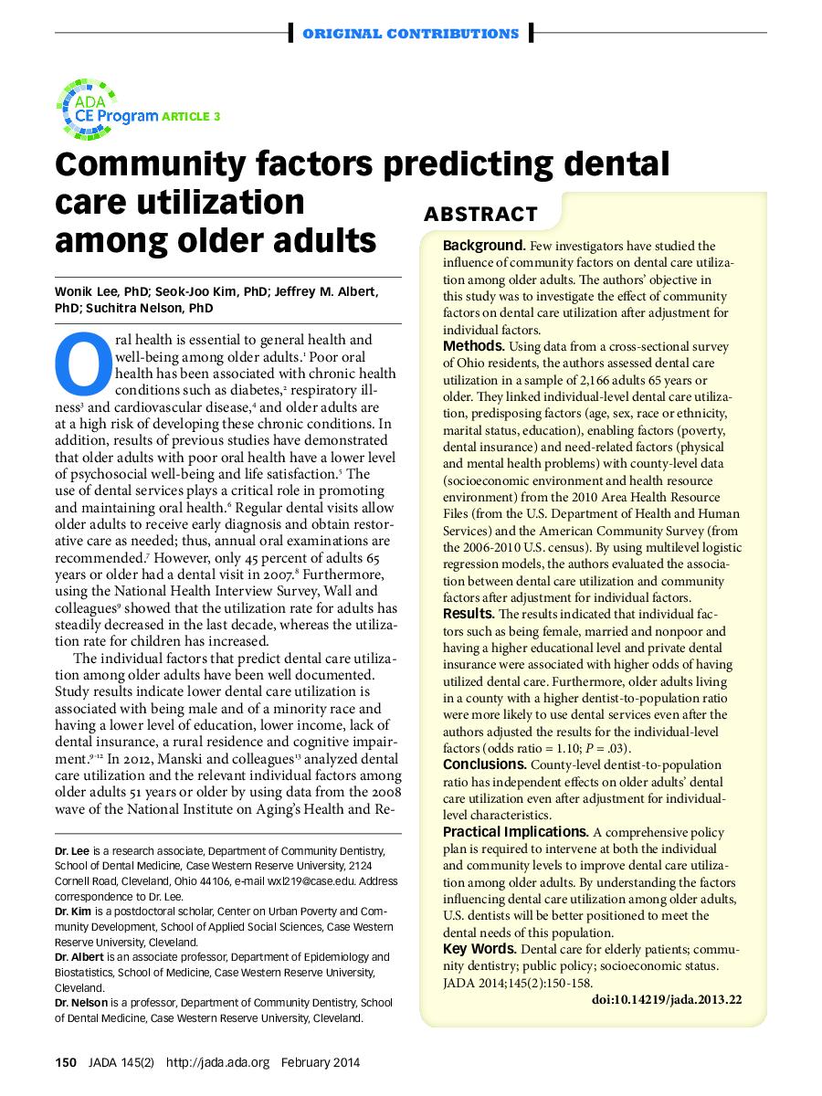 Community factors predicting dental care utilization among older adults 