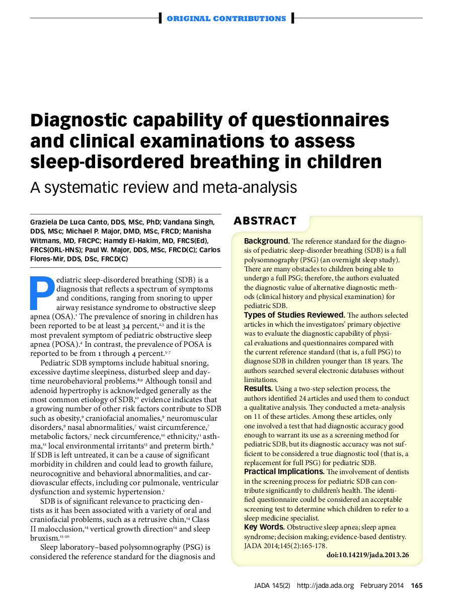 Diagnostic capability of questionnaires and clinical examinations to assess sleep-disordered breathing in children : A systematic review and meta-analysis