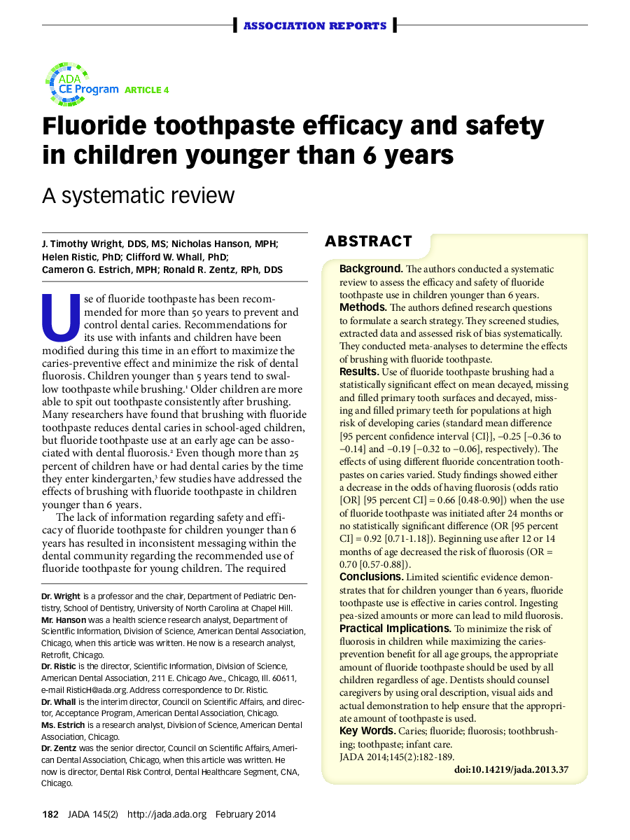 Fluoride toothpaste efficacy and safety in children younger than 6 years : A systematic review