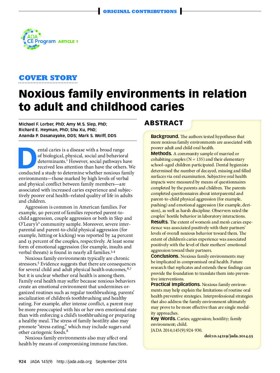 Noxious family environments in relation to adult and childhood caries 