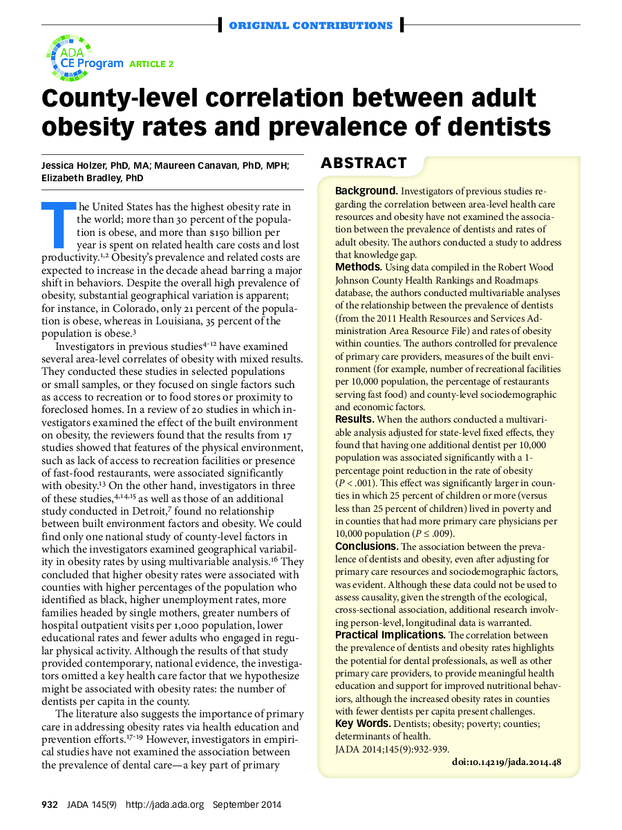 County-level correlation between adult obesity rates and prevalence of dentists 