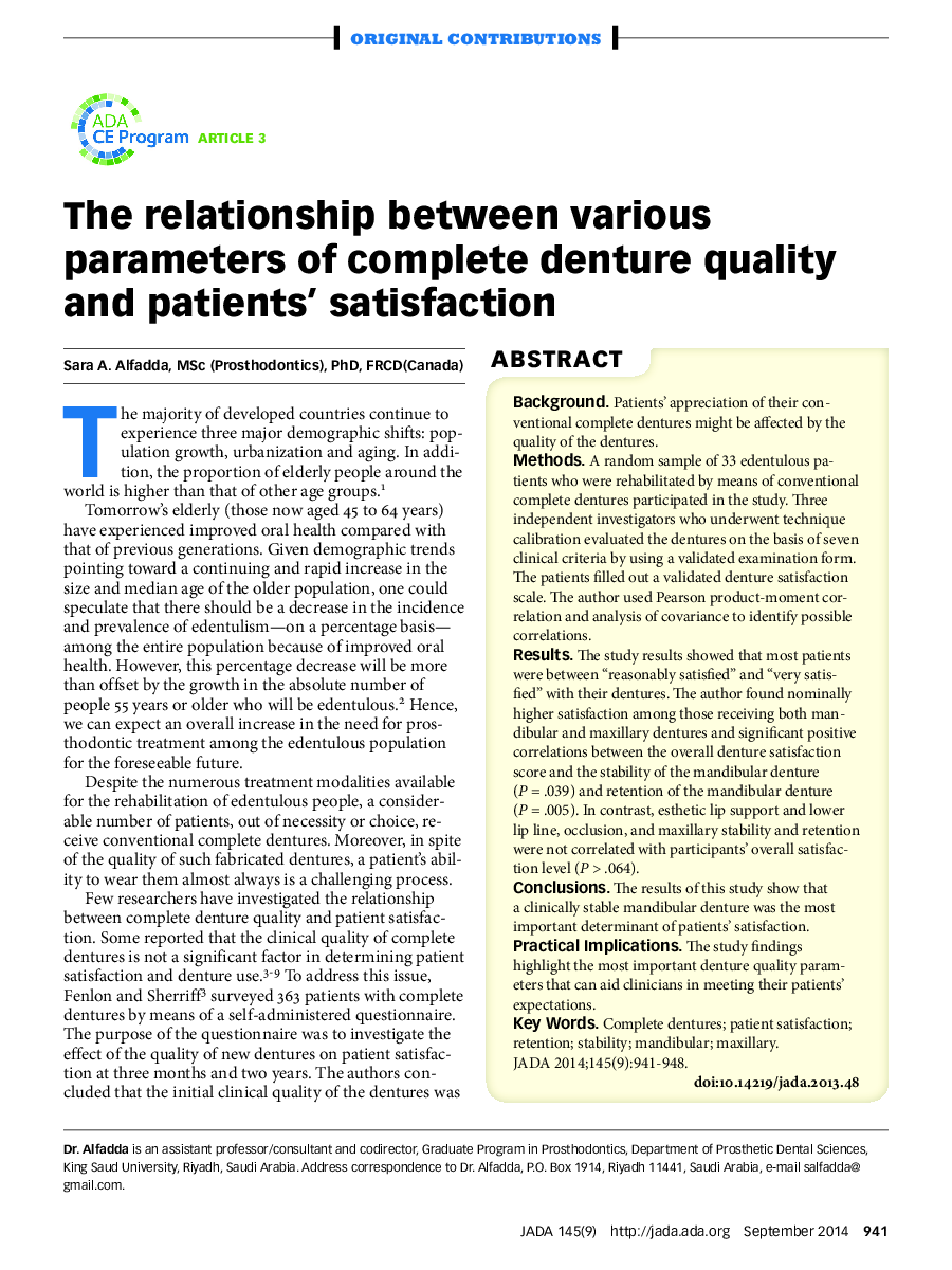 The relationship between various parameters of complete denture quality and patients’ satisfaction 