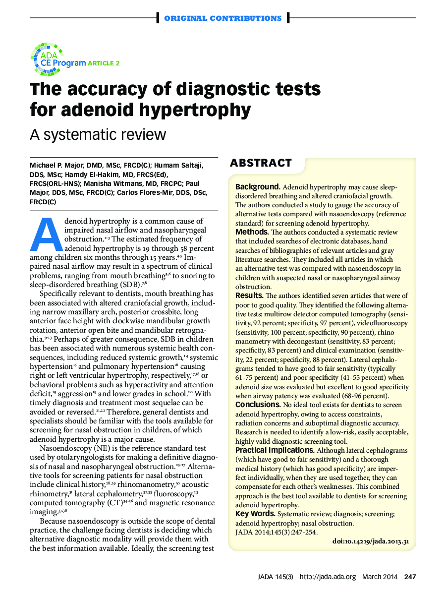 The accuracy of diagnostic tests for adenoid hypertrophy : A systematic review