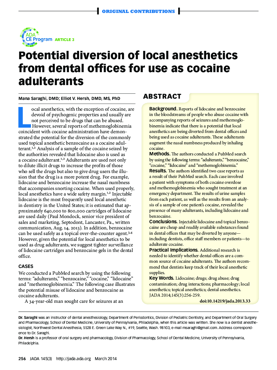 Potential diversion of local anesthetics from dental offices for use as cocaine adulterants 