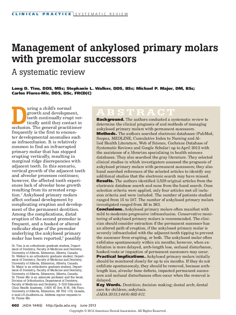 Management of ankylosed primary molars with premolar successors : A systematic review