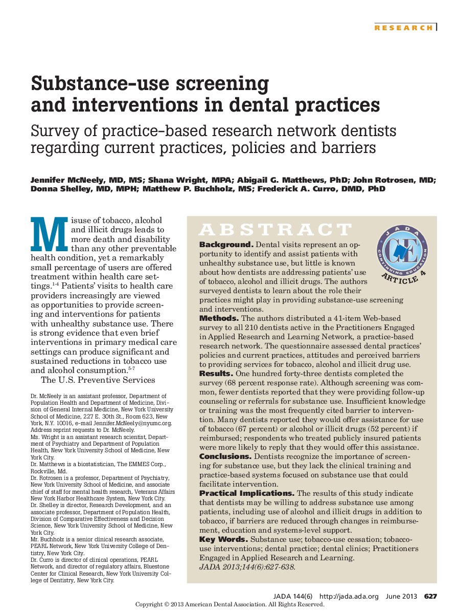 Substance-use screening and interventions in dental practices : Survey of practice-based research network dentists regarding current practices, policies and barriers