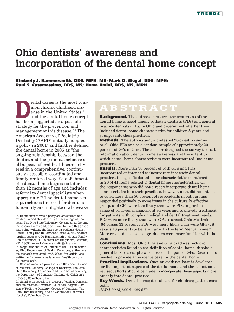 Ohio dentists' awareness and incorporation of the dental home concept