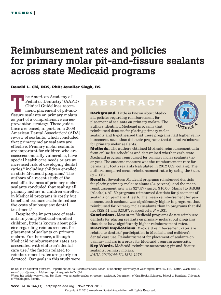 Reimbursement rates and policies for primary molar pit-and-fissure sealants across state Medicaid programs 