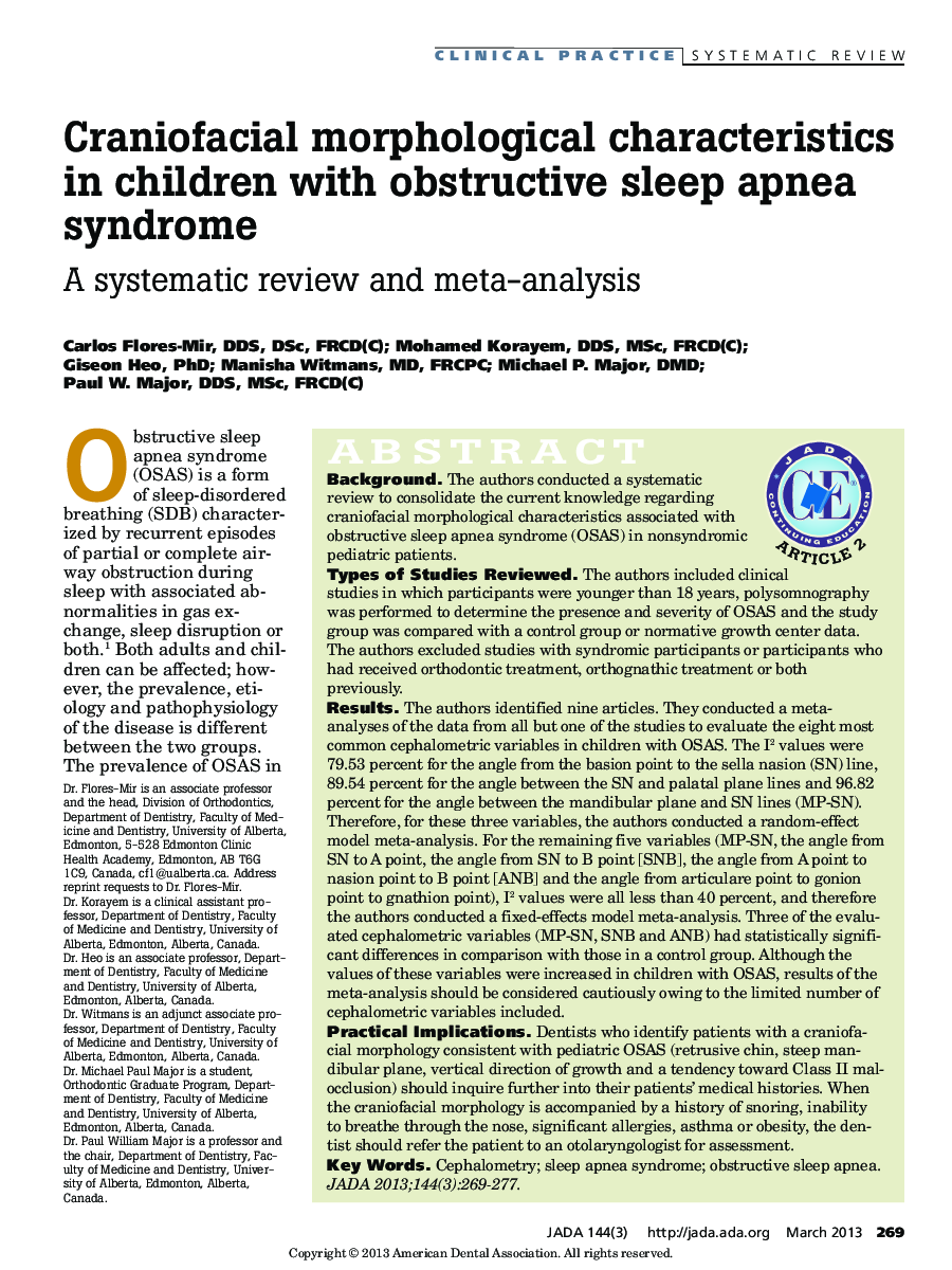 Craniofacial morphological characteristics in children with obstructive sleep apnea syndrome : A systematic review and meta-analysis