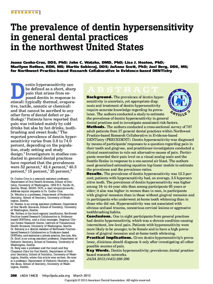 The prevalence of dentin hypersensitivity in general dental practices in the northwest United States 