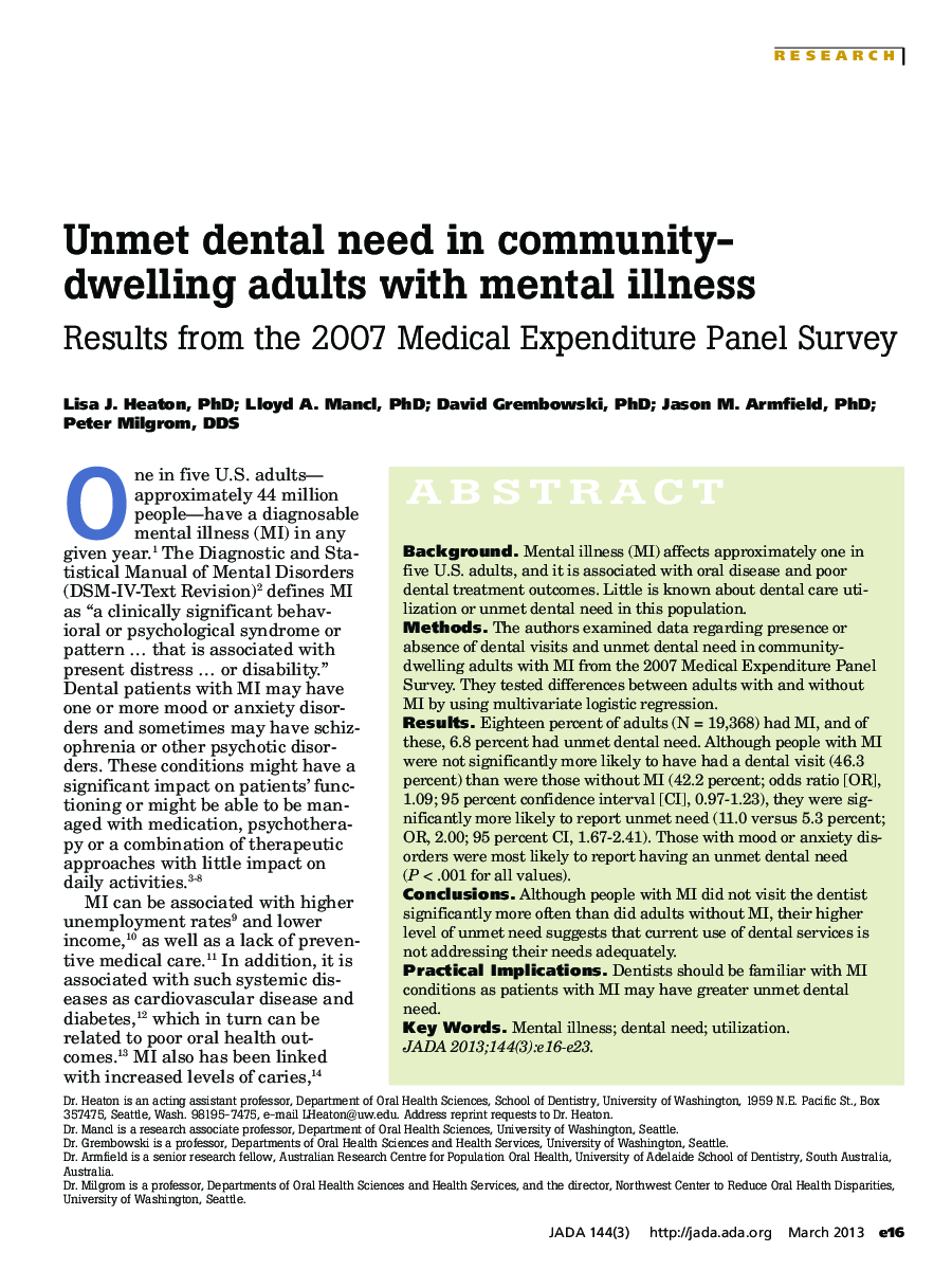 Unmet dental need in community-dwelling adults with mental illness : Results from the 2007 Medical Expenditure Panel Survey