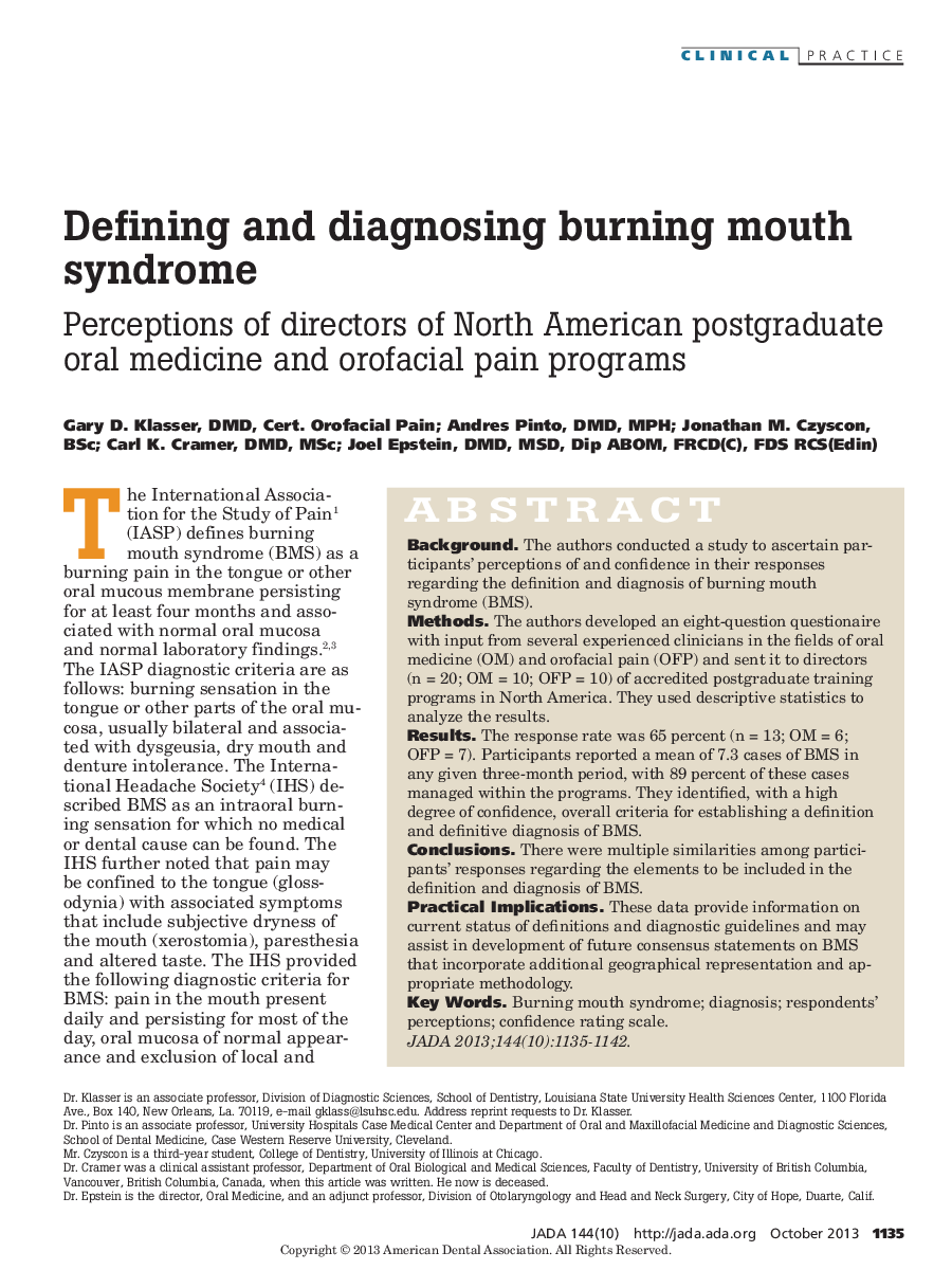 Defining and diagnosing burning mouth syndrome : Perceptions of directors of North American postgraduate oral medicine and orofacial pain programs