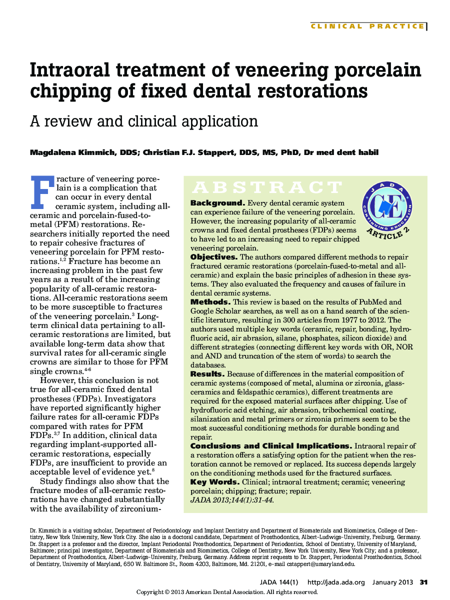 Intraoral treatment of veneering porcelain chipping of fixed dental restorations : A review and clinical application