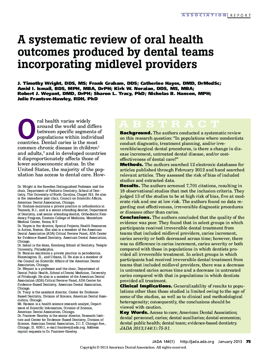A systematic review of oral health outcomes produced by dental teams incorporating midlevel providers 