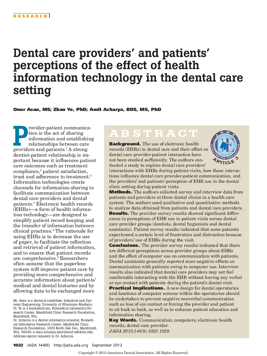 Dental care providers' and patients' perceptions of the effect of health information technology in the dental care setting 
