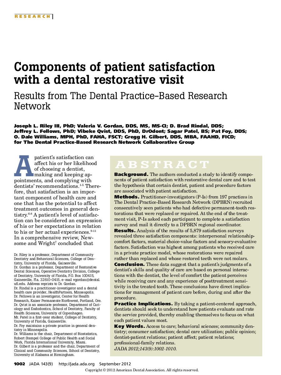 Components of patient satisfaction with a dental restorative visit : Results from The Dental Practice-Based Research Network