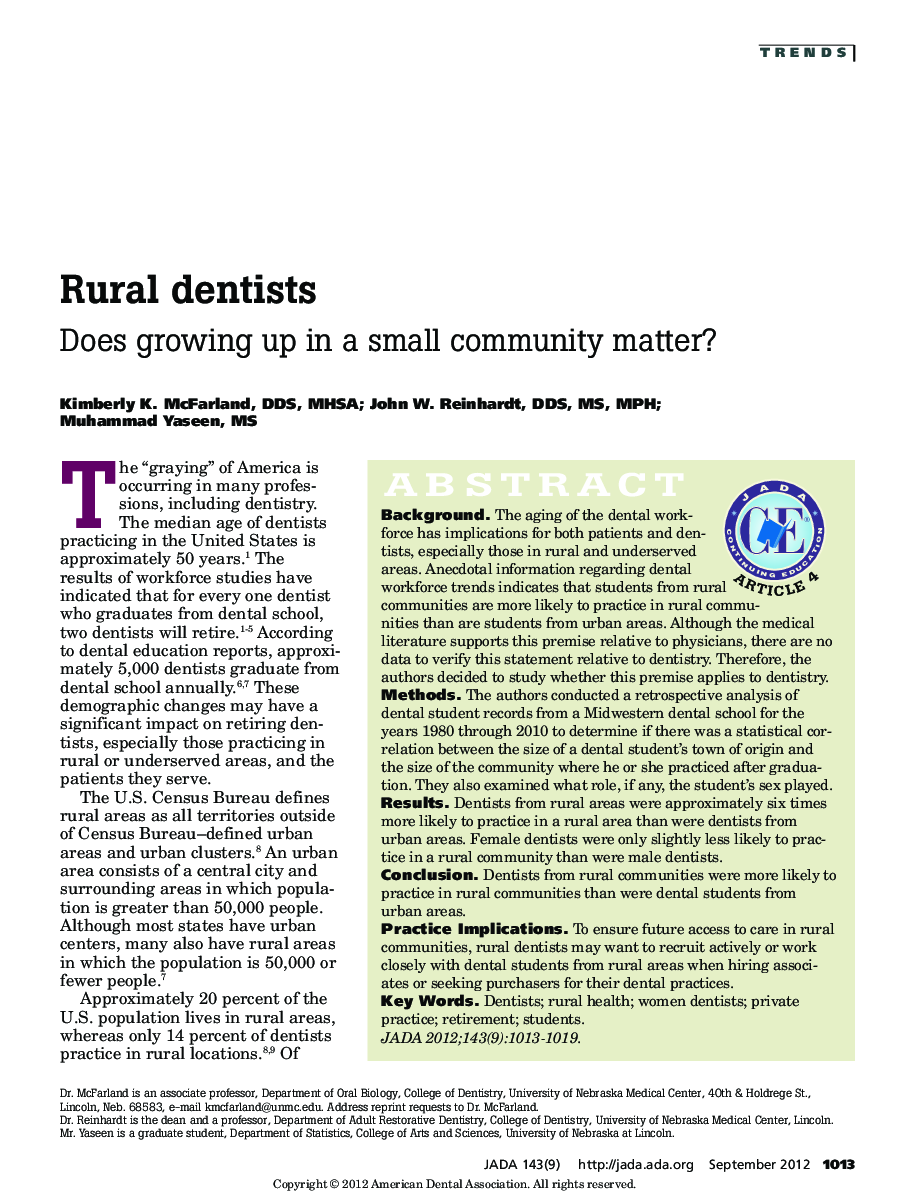 Rural dentists : Does growing up in a small community matter?