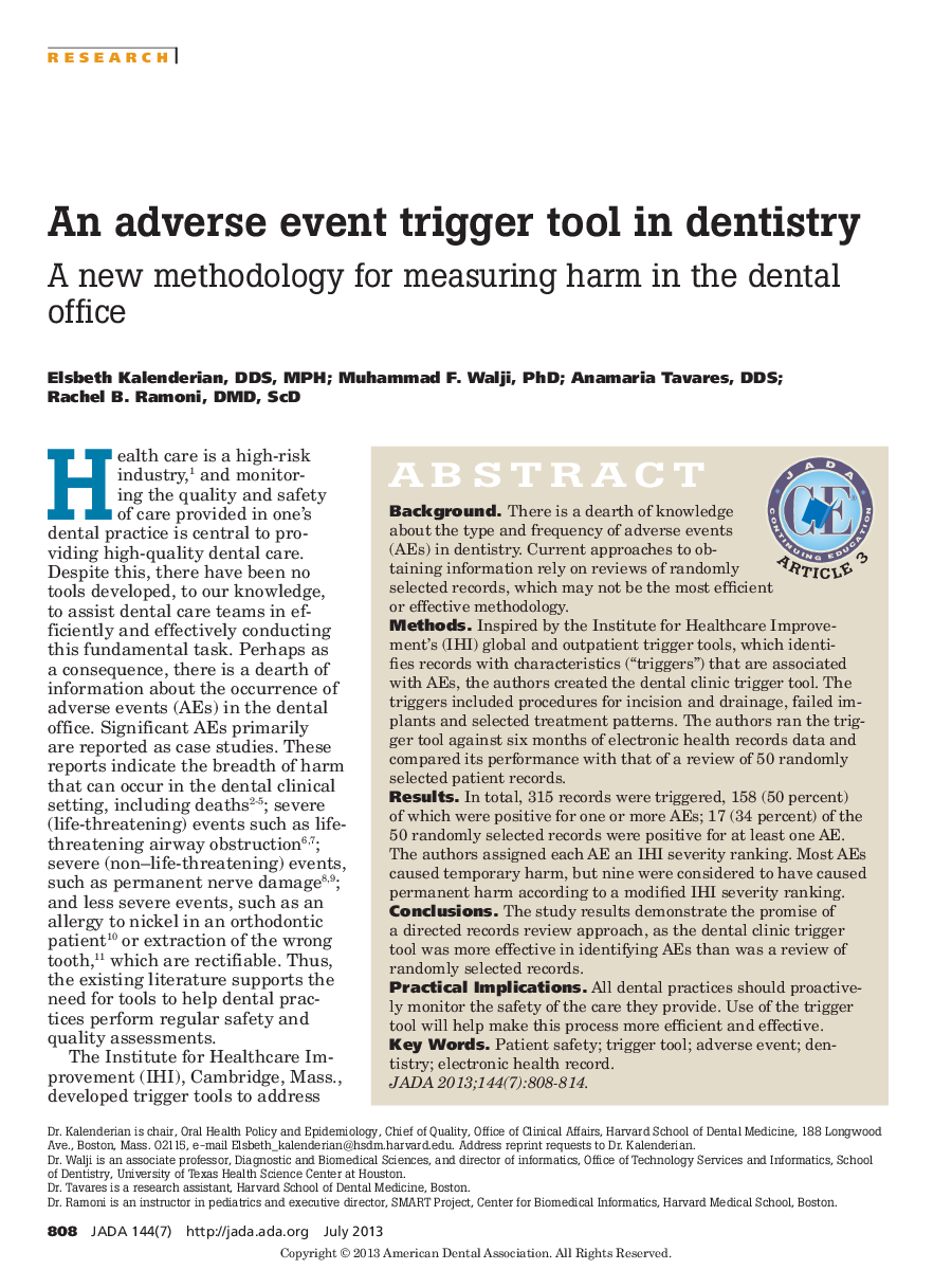 An adverse event trigger tool in dentistry : A new methodology for measuring harm in the dental office