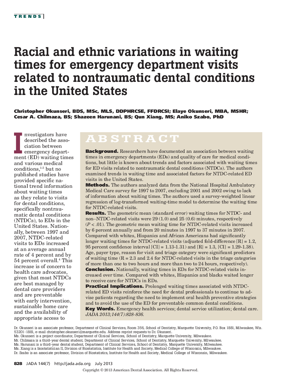 Racial and ethnic variations in waiting times for emergency department visits related to nontraumatic dental conditions in the United States 