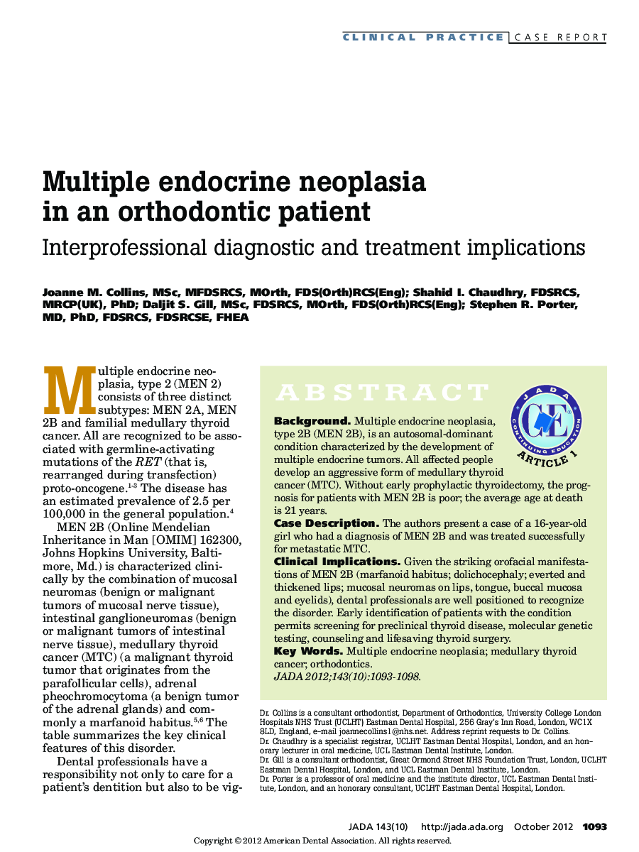 Multiple endocrine neoplasia in an orthodontic patient : Interprofessional diagnostic and treatment implications