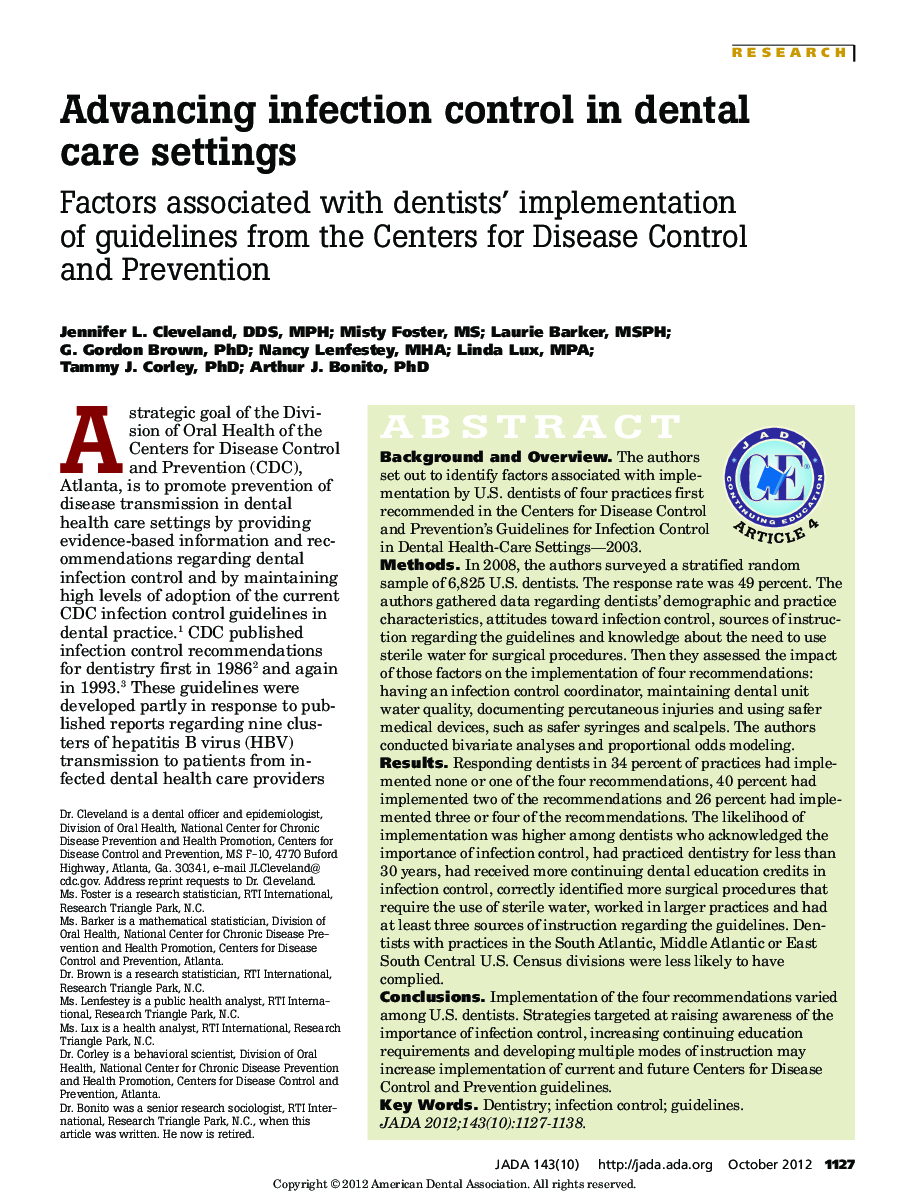 Advancing infection control in dental care settings : Factors associated with dentists' implementation of guidelines from the Centers for Disease Control and Prevention