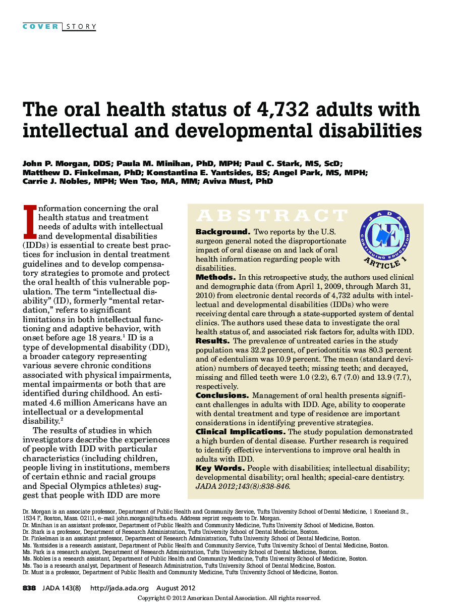 The oral health status of 4,732 adults with intellectual and developmental disabilities