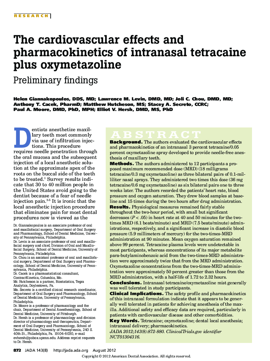 The cardiovascular effects and pharmacokinetics of intranasal tetracaine plus oxymetazoline : Preliminary findings