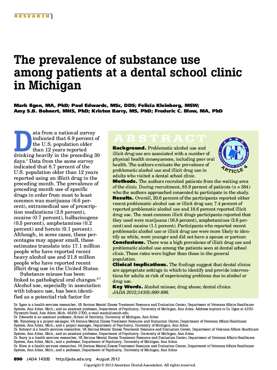 The prevalence of substance use among patients at a dental school clinic in Michigan 