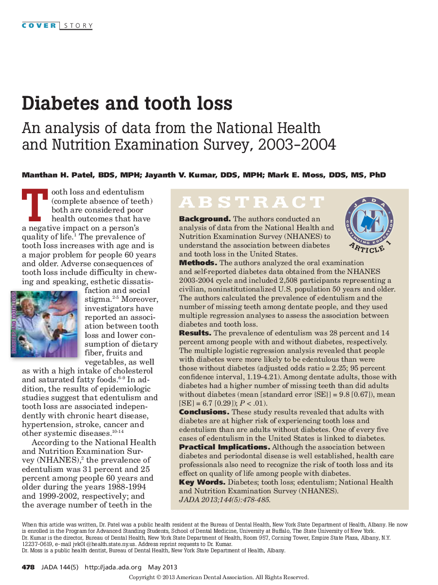 Diabetes and Tooth Loss: An analysis of data from the National Health and Nutrition Examination Survey, 2003–2004 