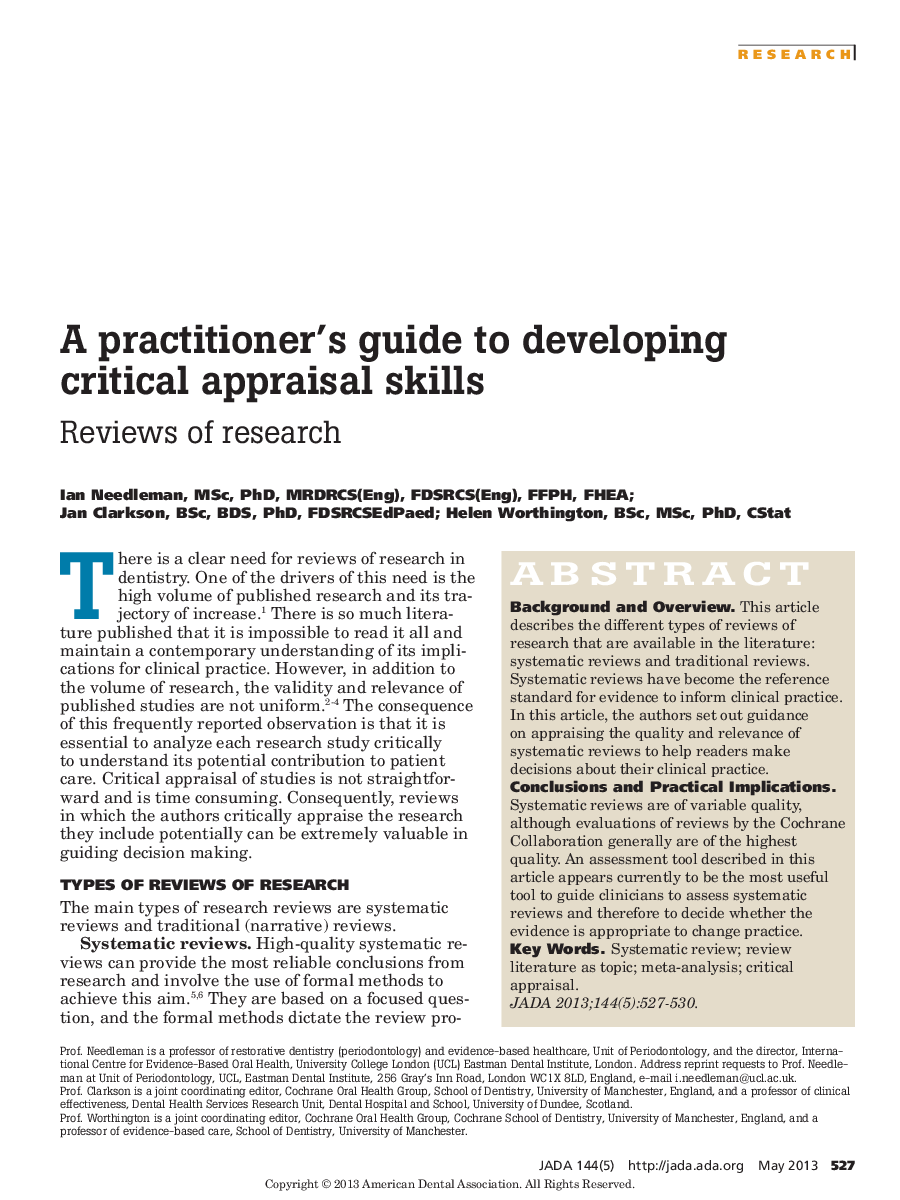 A practitioner's guide to developing critical appraisal skills : Reviews of research