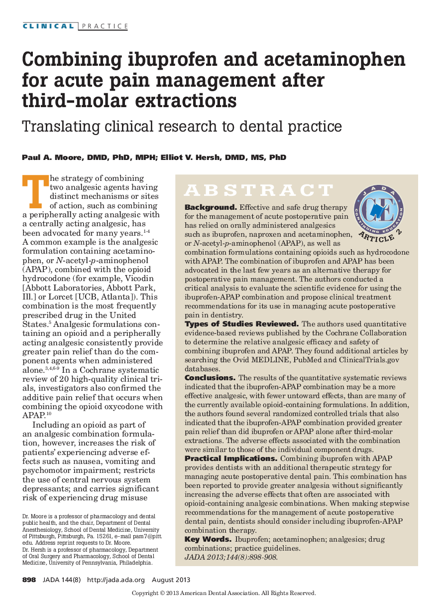 Combining ibuprofen and acetaminophen for acute pain management after third-molar extractions : Translating clinical research to dental practice