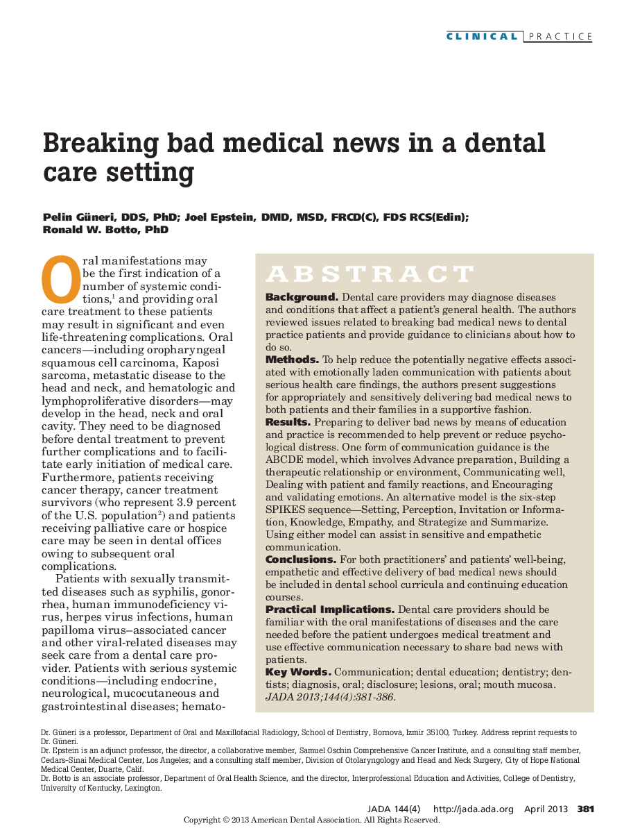 Breaking bad medical news in a dental care setting 