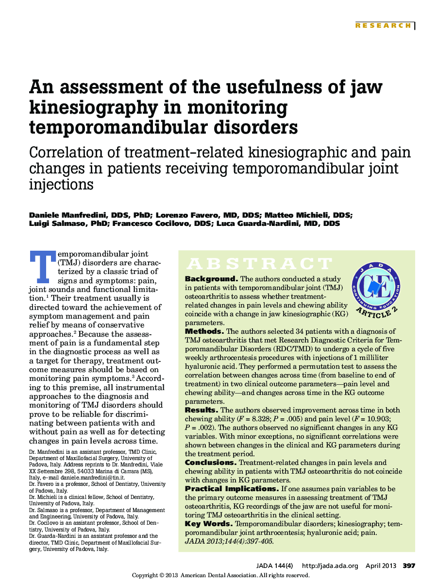 An assessment of the usefulness of jaw kinesiography in monitoring temporomandibular disorders