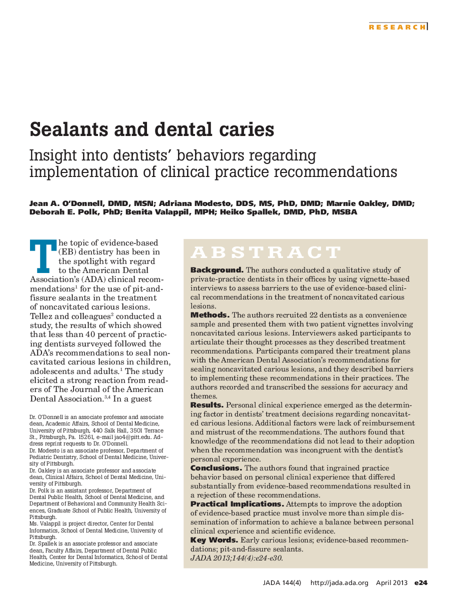 Sealants and dental caries : Insight into dentists’ behaviors regarding implementation of clinical practice recommendations