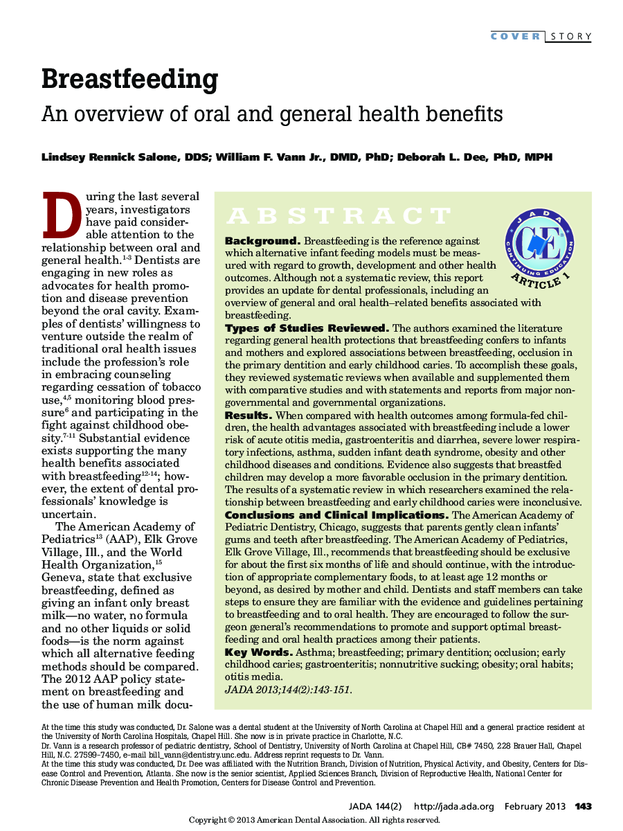 Breastfeeding : An overview of oral and general health benefits