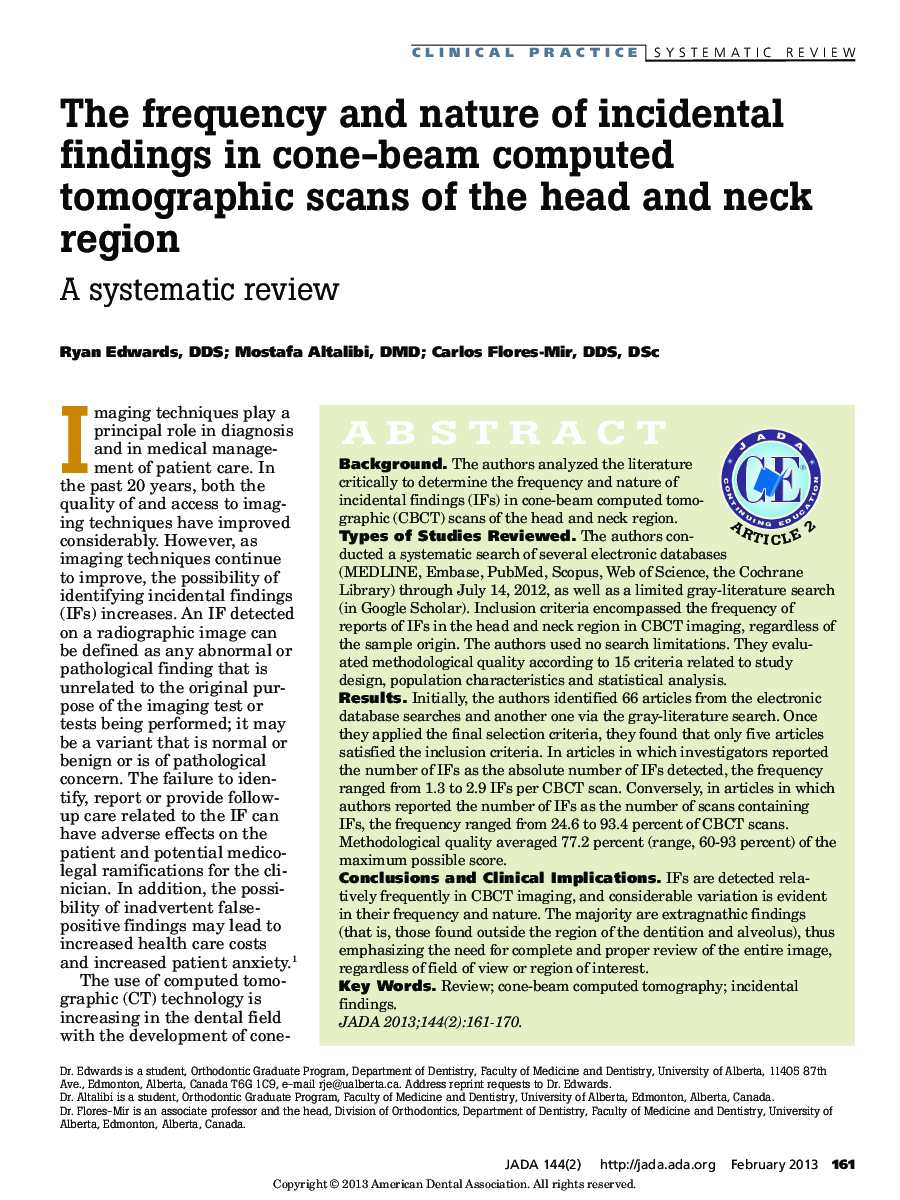 The frequency and nature of incidental findings in cone-beam computed tomographic scans of the head and neck region : A systematic review