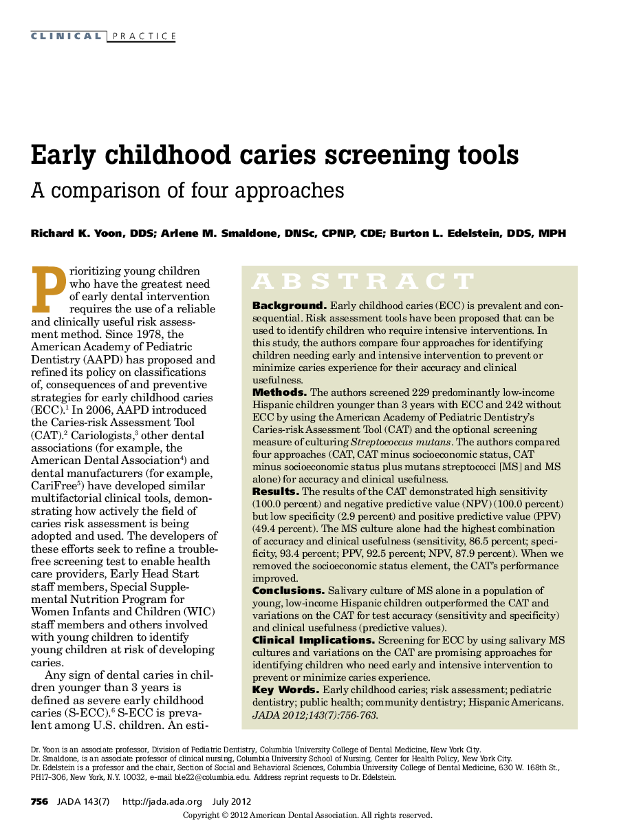 Early childhood caries screening tools : A comparison of four approaches