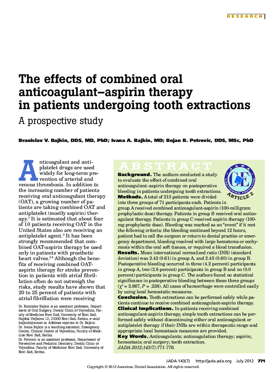 The effects of combined oral anticoagulant–aspirin therapy in patients undergoing tooth extractions : A prospective study