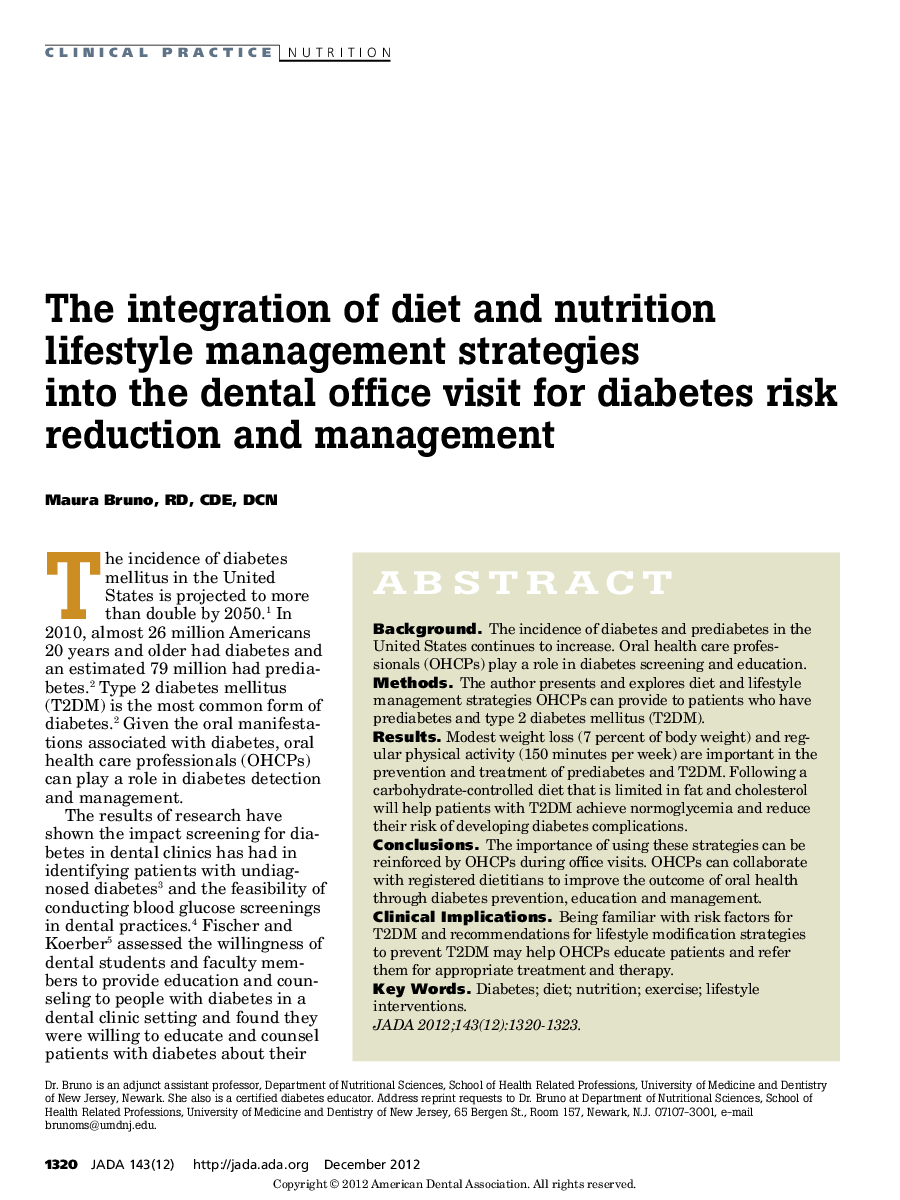 The integration of diet and nutrition lifestyle management strategies into the dental office visit for diabetes risk reduction and management 